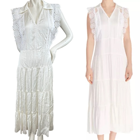 Sandro Maxime Tiered Lace Inset Cream Romance Cottage Maxi Dress Size EU 38 US 6 - Picture 1 of 14